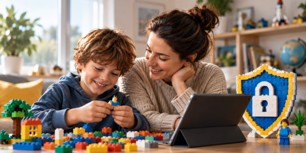 A parent and child build with colorful bricks beside a tablet and a brick-built shield with a padlock symbolizing online safety.