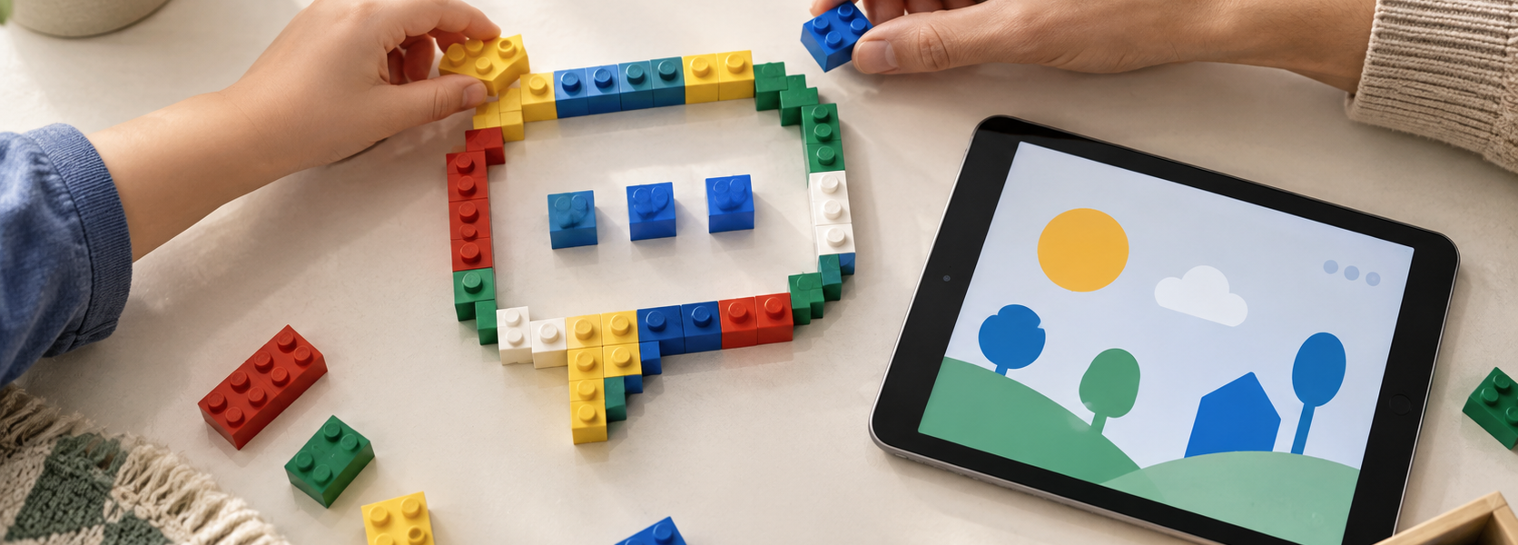 A child and an adult build a speech bubble from colourful bricks beside a tablet.