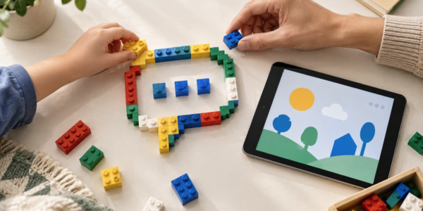 A child and an adult build a speech bubble from colourful bricks beside a tablet.