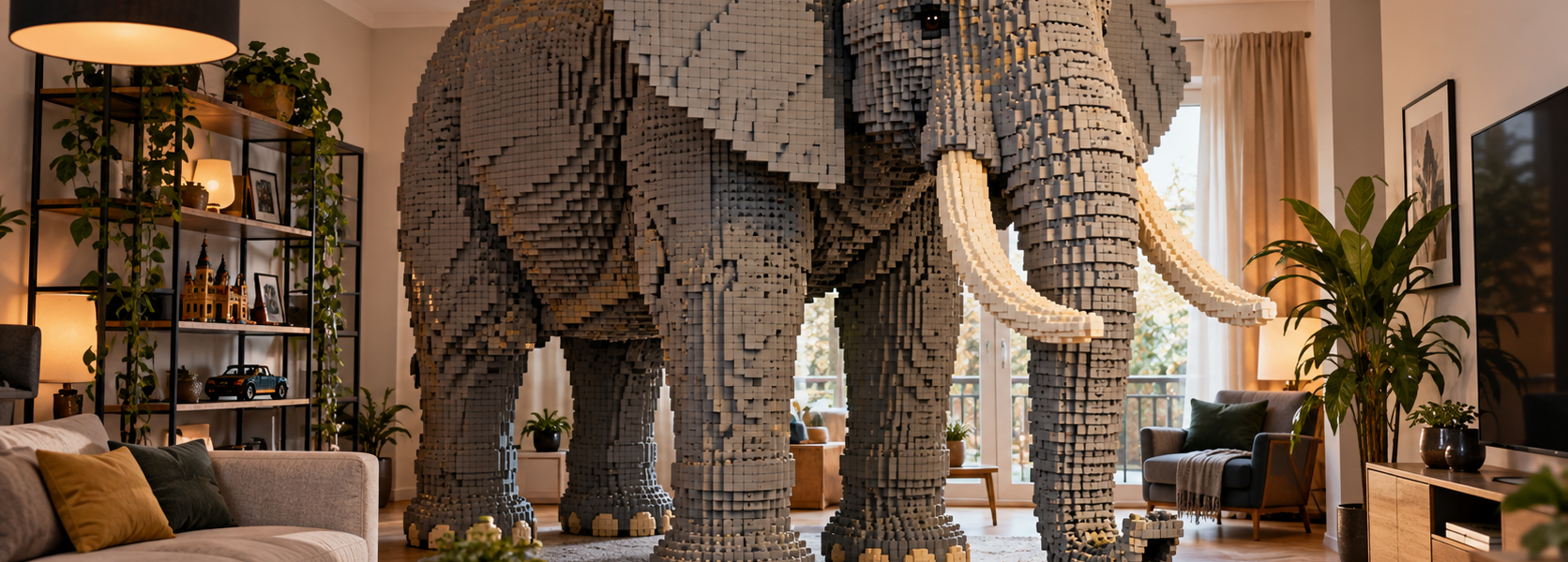 A huge gray brick-built elephant stands in the middle of a modern living room and takes up most of the available space.