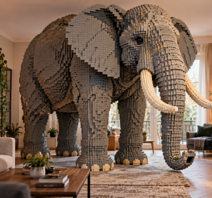 A huge gray brick-built elephant stands in the middle of a modern living room and takes up most of the available space.