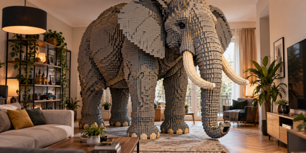 A huge gray brick-built elephant stands in the middle of a modern living room and takes up most of the available space.