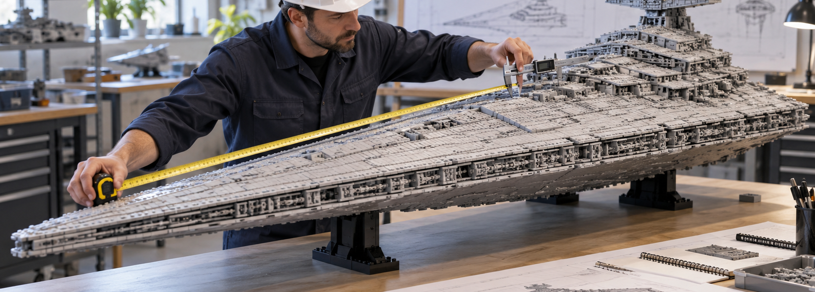 An engineer in a hard hat measures a huge gray brick-built spacecraft model with a tape measure and caliper on a workshop table.