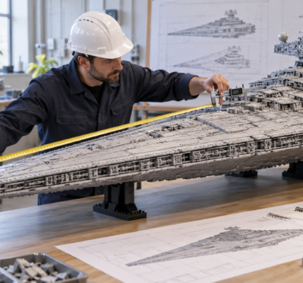 An engineer in a hard hat measures a huge gray brick-built spacecraft model with a tape measure and caliper on a workshop table.
