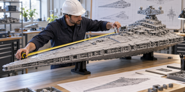An engineer in a hard hat measures a huge gray brick-built spacecraft model with a tape measure and caliper on a workshop table.