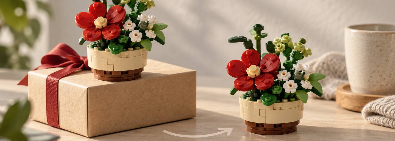 Two similar brick-built flower arrangements, one on a gift box, with a subtle arrow suggesting a returning promotion.