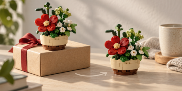 Two similar brick-built flower arrangements, one on a gift box, with a subtle arrow suggesting a returning promotion.