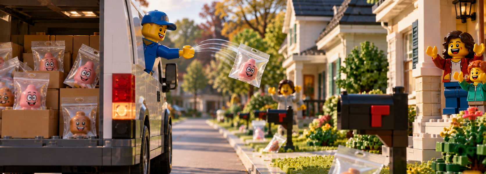A delivery driver tosses small replacement-part parcels from a van to homes on a quiet American suburban street.
