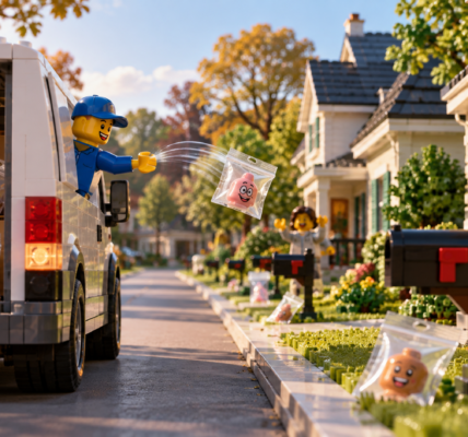 A delivery driver tosses small replacement-part parcels from a van to homes on a quiet American suburban street.