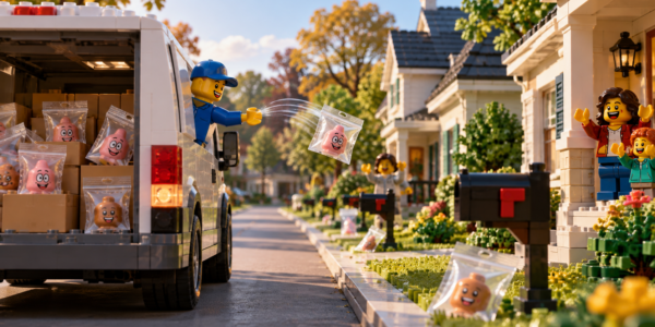 A delivery driver tosses small replacement-part parcels from a van to homes on a quiet American suburban street.