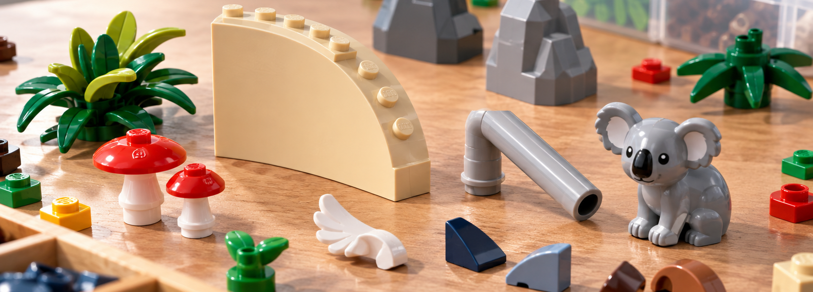 Editorial arrangement of assorted brick elements including a large curved corner, thin 90-degree tube, koala, mushrooms and foliage, with no text or logos.