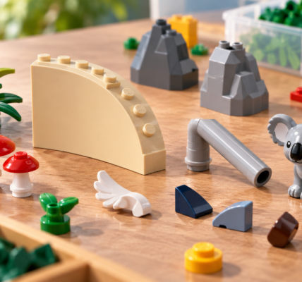 Editorial arrangement of assorted brick elements including a large curved corner, thin 90-degree tube, koala, mushrooms and foliage, with no text or logos.
