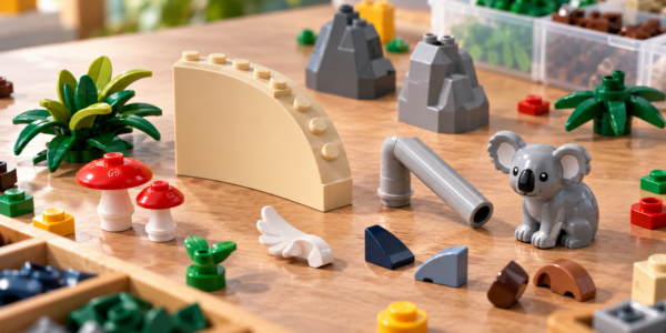 Editorial arrangement of assorted brick elements including a large curved corner, thin 90-degree tube, koala, mushrooms and foliage, with no text or logos.