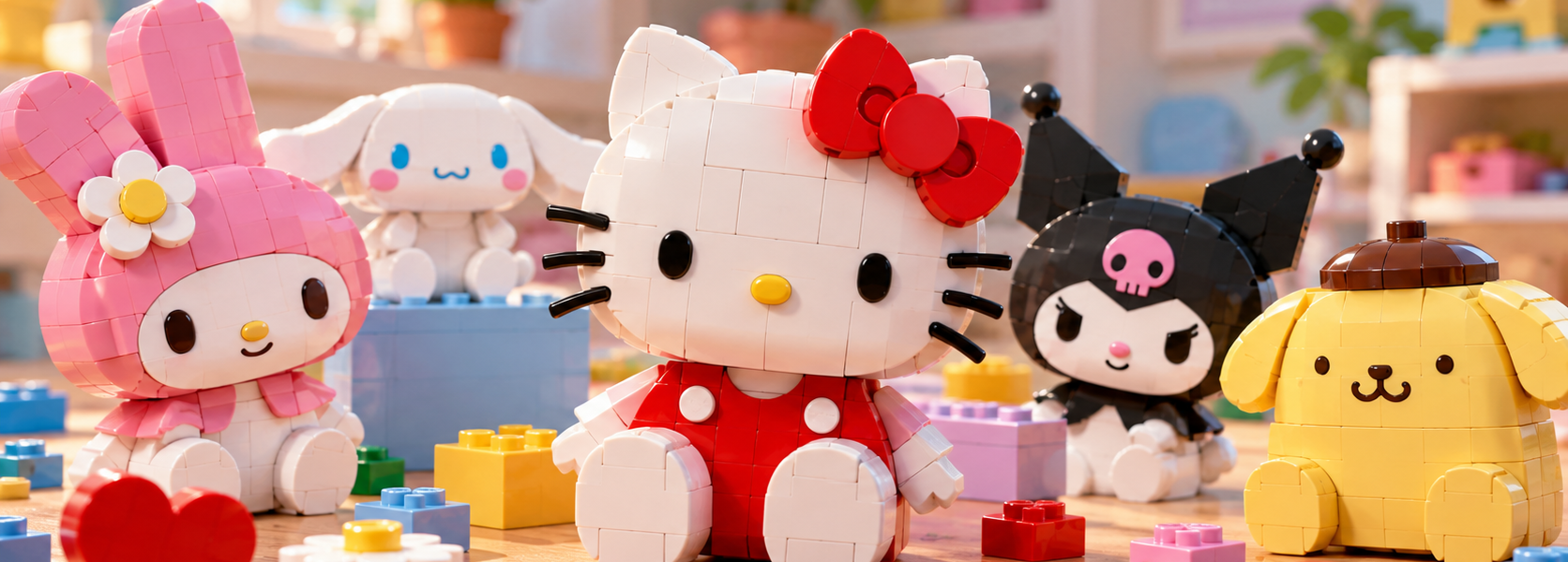 Editorial illustration of several cute pastel brick-built characters arranged together on a tabletop, with no text or logos.