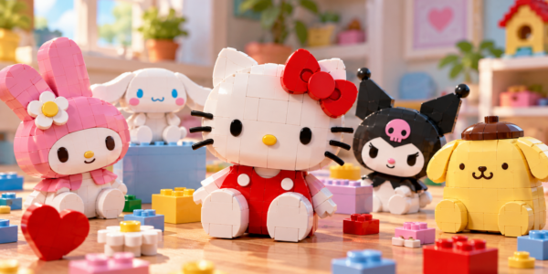 Editorial illustration of several cute pastel brick-built characters arranged together on a tabletop, with no text or logos.