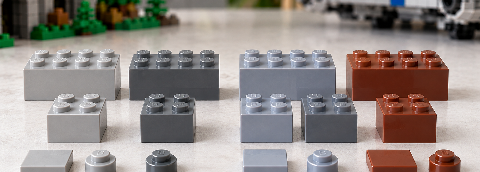 A side-by-side comparison of older and newer gray and brown brick colors arranged on a light tabletop.