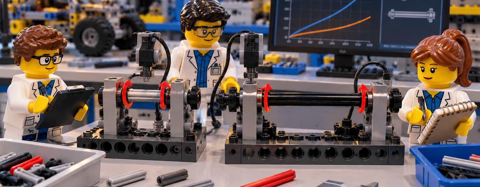 Laboratory figures compare the torsional behavior of a short and long Technic-style axle on two test rigs with a computer, caliper and notebooks.