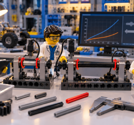 Laboratory figures compare the torsional behavior of a short and long Technic-style axle on two test rigs with a computer, caliper and notebooks.