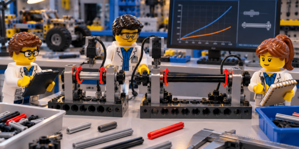 Laboratory figures compare the torsional behavior of a short and long Technic-style axle on two test rigs with a computer, caliper and notebooks.