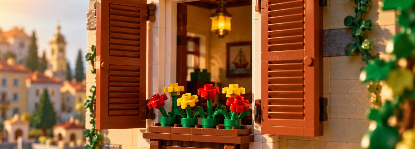 Widely open classic brown slatted shutters frame a window with red and yellow flowers in a planter on a warm nostalgic brick-built facade.