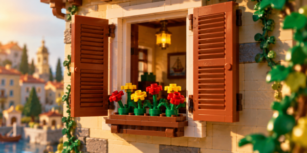 Widely open classic brown slatted shutters frame a window with red and yellow flowers in a planter on a warm nostalgic brick-built facade.