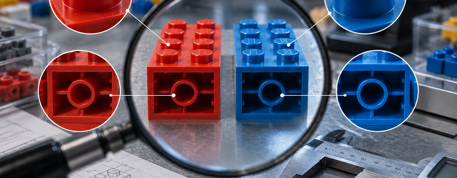 Two nearly identical 2x4 interlocking toy bricks under a magnifying glass on a quality-control bench, beside a caliper and enlarged views of studs and internal tubes.
