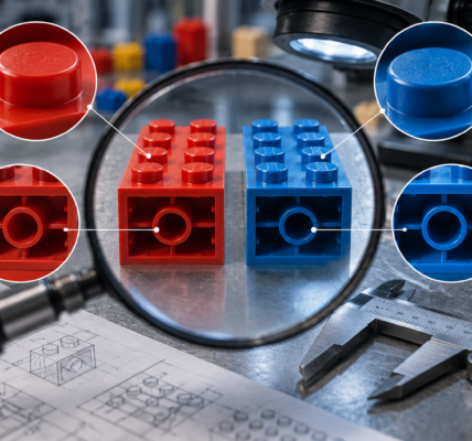 Two nearly identical 2x4 interlocking toy bricks under a magnifying glass on a quality-control bench, beside a caliper and enlarged views of studs and internal tubes.