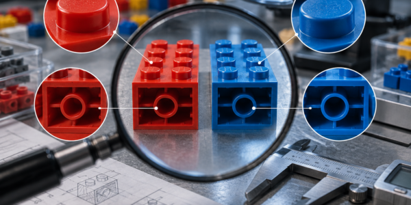 Two nearly identical 2x4 interlocking toy bricks under a magnifying glass on a quality-control bench, beside a caliper and enlarged views of studs and internal tubes.