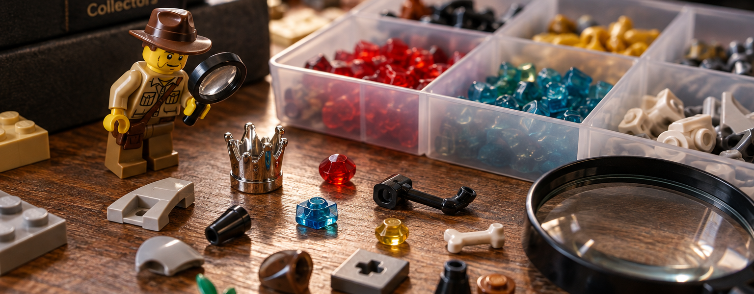 A collector’s workbench with small brick parts, a magnifying glass, an explorer figure and notes about rarity, colors and part availability.