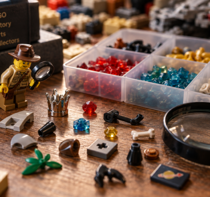 A collector’s workbench with small brick parts, a magnifying glass, an explorer figure and notes about rarity, colors and part availability.