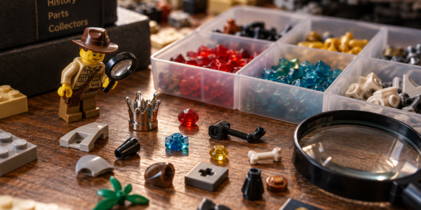 A collector’s workbench with small brick parts, a magnifying glass, an explorer figure and notes about rarity, colors and part availability.