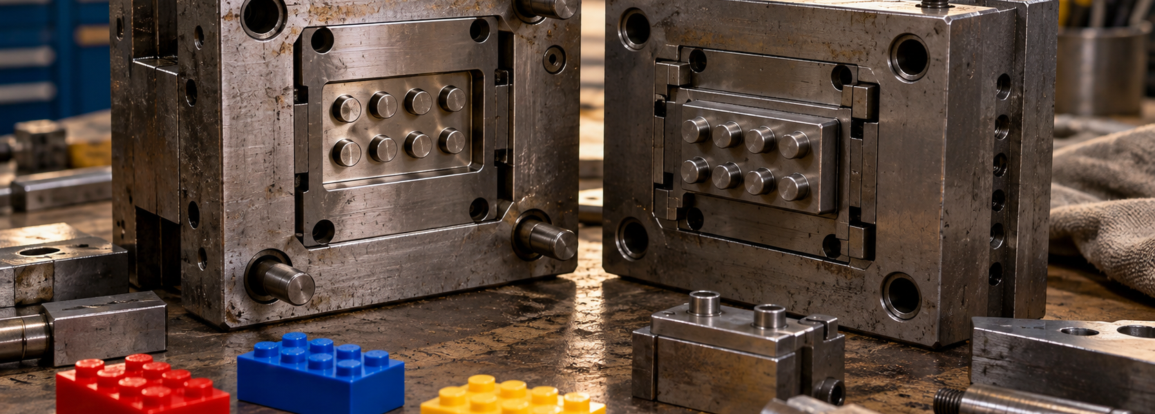 An old industrial injection mold sits open on a workshop bench with visible brick cavities and a few finished interlocking-brick pieces nearby.