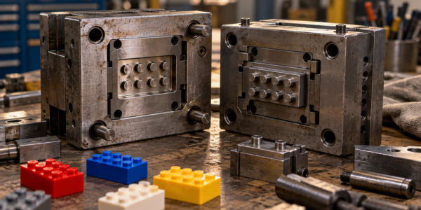 An old industrial injection mold sits open on a workshop bench with visible brick cavities and a few finished interlocking-brick pieces nearby.