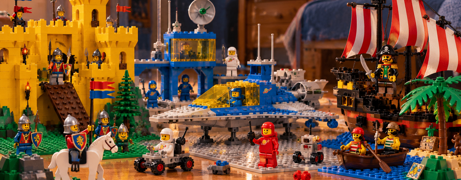 A nostalgic playroom floor scene combining a yellow medieval castle with knights, classic space builds with astronauts, and a pirate ship and island.
