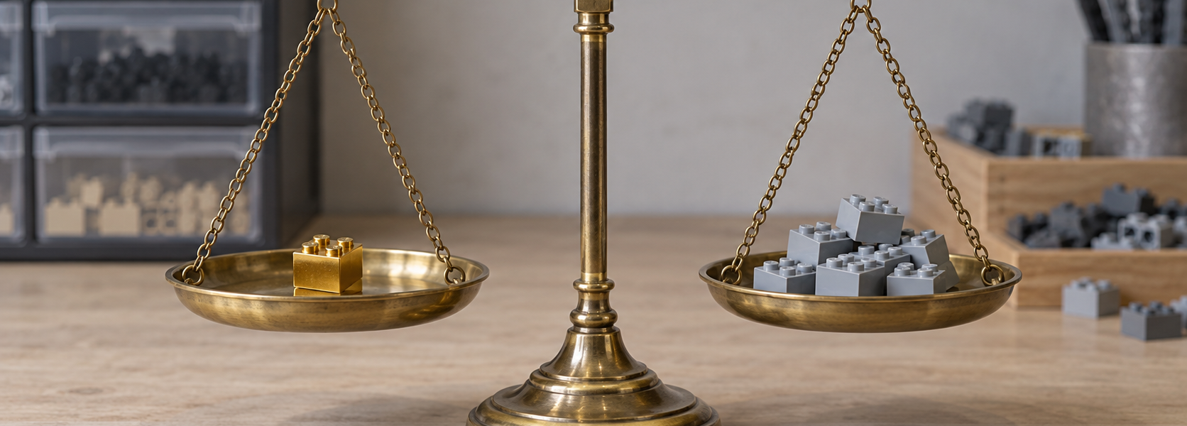 A brass balance scale with one gold brick on the left pan and several gray bricks on the right, placed on a tabletop with parts storage in the background.