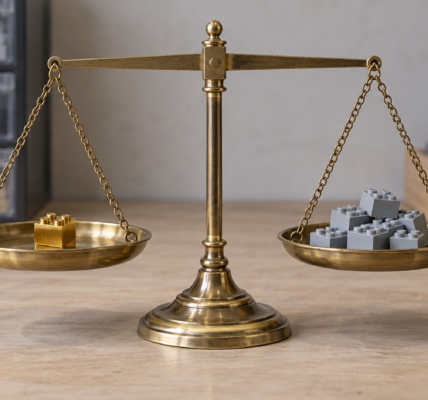A brass balance scale with one gold brick on the left pan and several gray bricks on the right, placed on a tabletop with parts storage in the background.