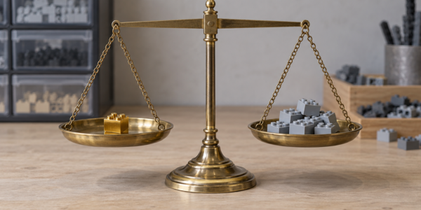 A brass balance scale with one gold brick on the left pan and several gray bricks on the right, placed on a tabletop with parts storage in the background.