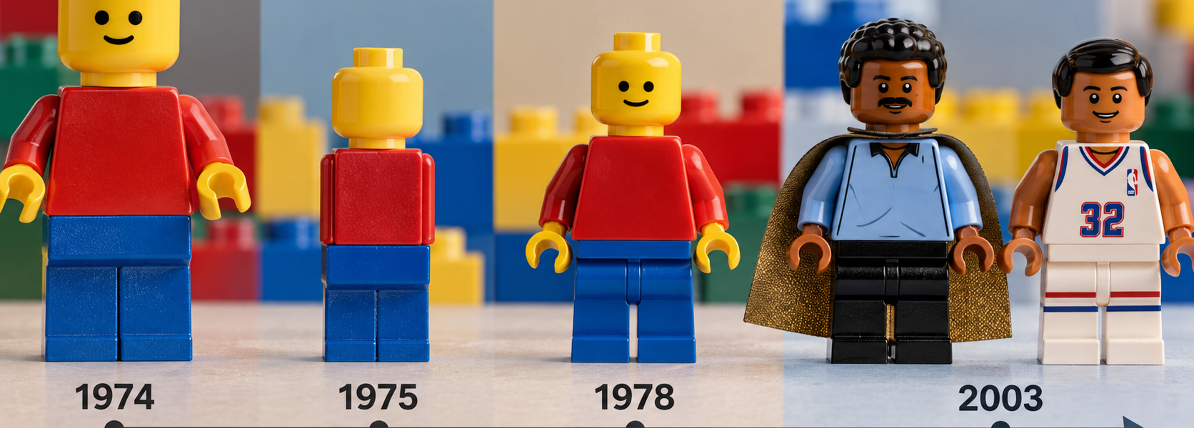 Four stages in brick minifigure evolution: a larger 1974 figure, a simplified 1975 version, the classic yellow 1978 minifigure and 2003 figures with natural skin tones.