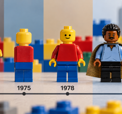 Four stages in brick minifigure evolution: a larger 1974 figure, a simplified 1975 version, the classic yellow 1978 minifigure and 2003 figures with natural skin tones.