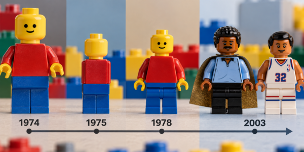 Four stages in brick minifigure evolution: a larger 1974 figure, a simplified 1975 version, the classic yellow 1978 minifigure and 2003 figures with natural skin tones.